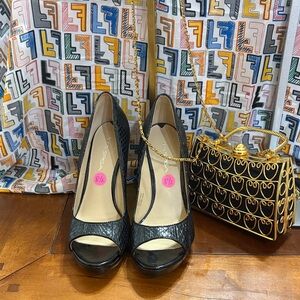 Via Spiga Black Peep Toe Wedges and black and gold Sasha mini crossbody bundle.